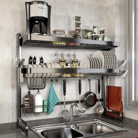 1pc Adjustable Stainless Steel Over Sink Dish Drying Rack, 3 Tier Large Storage Kitchen, Expandable Shelf Rack with Utensil Holder, Cup Hanging Set Storage Organizer - Color: Black