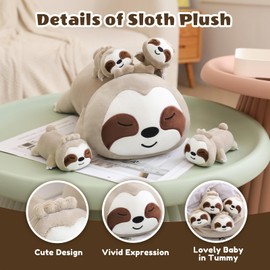 SQEQE Sloth Stuffed Animals with Babies Inside 5-Piece Set of Sloth Mommy and Babies Plush Cuddly Stuffed Animals Toys for Kids, Gifts Ideal for Christmas, Valentine's, Birthday