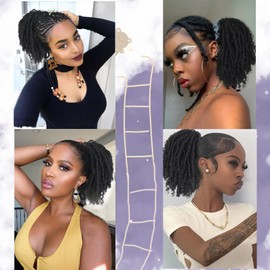 CINHOO Clip on Drawstring Ponytails for Black Women Faux Loc Ponytail Hair Piece, Soft Locs Buns Ponytail for Black Women Synthetic Short Curly Ponytail Extension for Black Women Child(1B)
