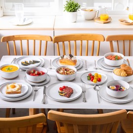 Hasense Plates and Bowls Sets, 18 Pieces Modern Porcelain Dishes Sets Service for 6, Stoneware Dinnerware Sets with Speckled Pattern, Scratch Resistant Microwave and Dishwasher Safe, White