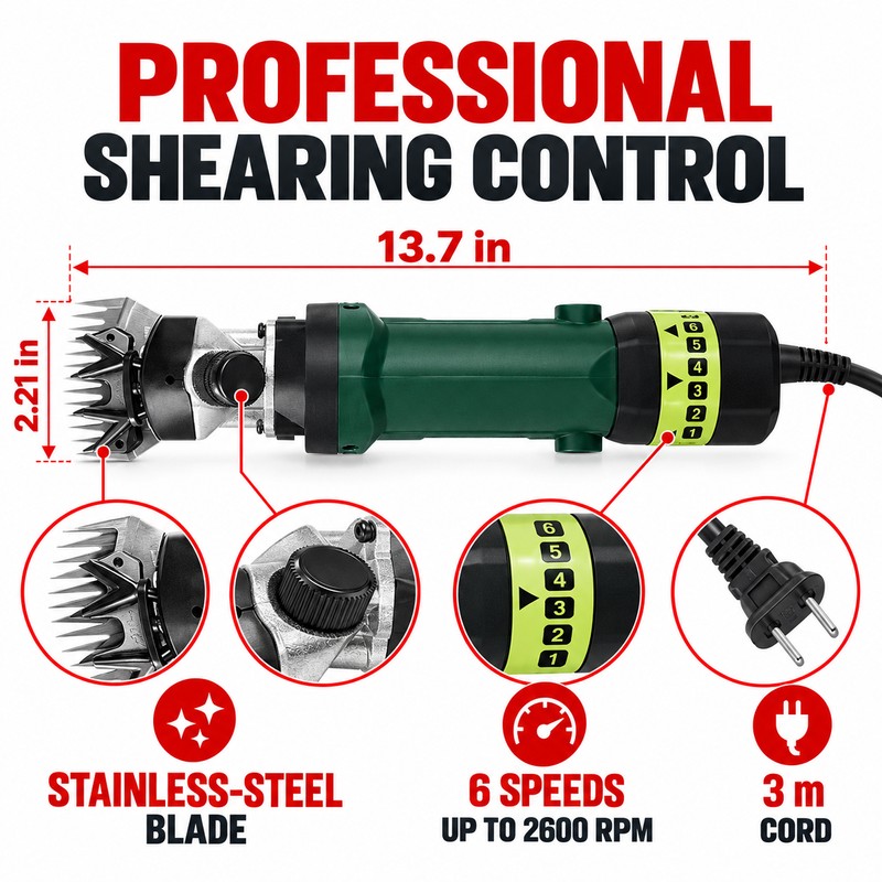 1200W Peak Electric Sheep Shears, 6-Speed 2600 RPM Heavy Duty