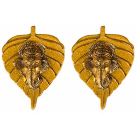 Charmy Crafts Small Metal Ganesha On Leaf, Wall Hanging, Room Decor, Best Housewarming, Gifts Article for Wall Decor Set of 2(Sunny Golden Finish) (Mustard Yellow)
