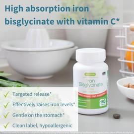 Igennus High Absorption Chelated Iron Bisglycinate 20mg with Vitamin C, 6 Month Supply, Gentle Formula, Clean Label & Targeted Release, for Women and Men, One Daily, Vegan, 180 Tablets