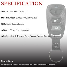 MechanMagic Key Fob Keyless Entry Fits for Hyundai Veloster 2011 2012 2013 2014 2015 2016 2017 Remote Control Replacement NYOSEKS-TF10ATX 95430-2V100