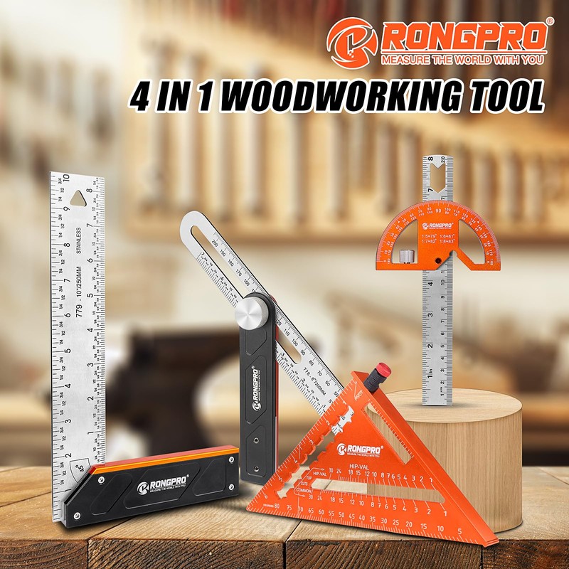 RONGPRO 4Pcs Woodworking Tools -7''Aluminum Rafter Square,12''Adjustable Protractor Angle Finder,10'Woodworking
