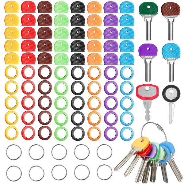 90 PCS Key Covers Key Caps Set Including 40 pcs Plastic Caps, 40 pcs Flexible Round PVC Key Tags and 10 pcs Key Sleeve Rings, 8 Assorted Colors, 2 Styles to Identify Your Keys