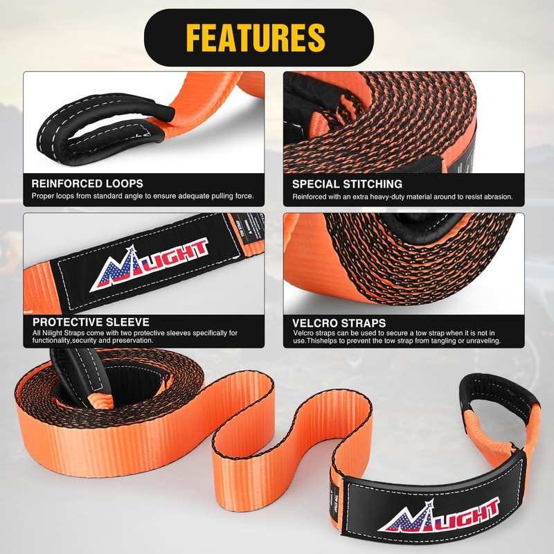 Nilight 3" x 20' Recovery Tow Strap Kit with 2"
