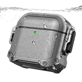 RFUNGUANGO Locking Case for AirPods 4th Generation - Waterproof, Shockproof, Rugged Full Body Case for AirPods 4th Generation - with Carabiner Clip, with Cleaning Kit-Silver-Grey