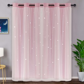 Kinryb Pink 84 Inch Long Star Cutout Kids Curtains for Girls Bedroom Twinkle Star Overlay Curtains for Nursery Double-Layer Grommet Window Drapes 2 Piece with Tiebacks Pink 42W x 84L