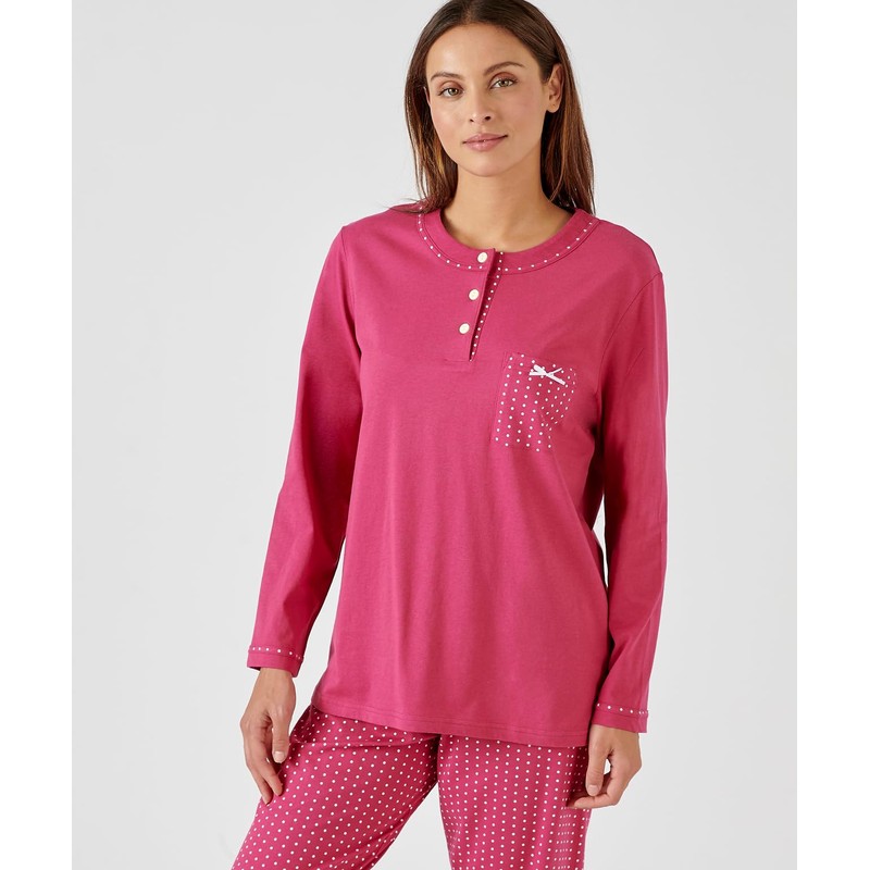 Damart Pull-on Cotton Pyjamas Women Nightwear Round Neck Long Sleeves