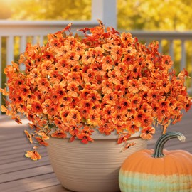Artificial Mums Fall Fake Flowers for Outdoors, 12 Bundles Faux Mums for Outdoor Planters Autumn Decorations,UV Resistant Silk Flowers Plastic Plants for Front Porch Garden Patio Home Decor (F-Orange)