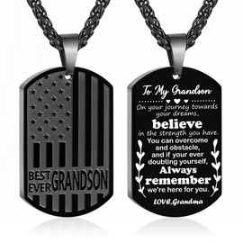 GLITTO To My Grandson Necklace Gifts from Grandma, Best Grandson Ever Dog Tags Flag Pendant Chain Jewelry Christmas Birthday Valentines Father's Day Gifts Ideas Presents for Men Boys Ages Black