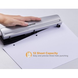 Bostitch Office 3 Hole Punch, 12 Sheet Capacity, Metal, Silver, 2-Pack
