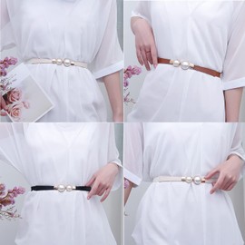 YIWEIYA 3 Pcs Women Skinny Elastic Waist Belt, Fashion Ladies Stretchy Pearl Belt, Thin Belt for Dresses, Stretch Retro Waistband for Dress, Pearl Metal Buckle Elastic Belt