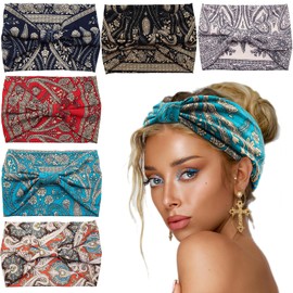 Yeshan - Diademas anchas para mujer, estilo bohemio, anudado, turbantes, antideslizantes, bandana deportiva, yoga, entrenamiento, bandas elásticas para el cabello, paquete de 6