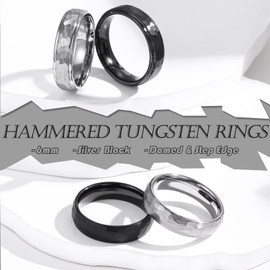 Adreamz 6mm 8mm Mens Hammered Tungsten Carbide Wedding Rings Black Silver Hammered Wedding Band Brushed and Step Edge, 10, Metal, No Gemstone