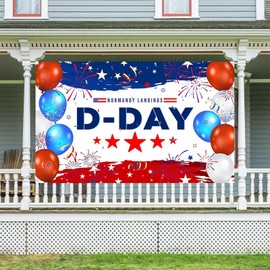 Ticuenicoa Happy Normandy Landings D-DAY Banner 70.8x43.3in Red & Blue Balloons, Fireworks & Stars - Festive Decoration for Celebrations