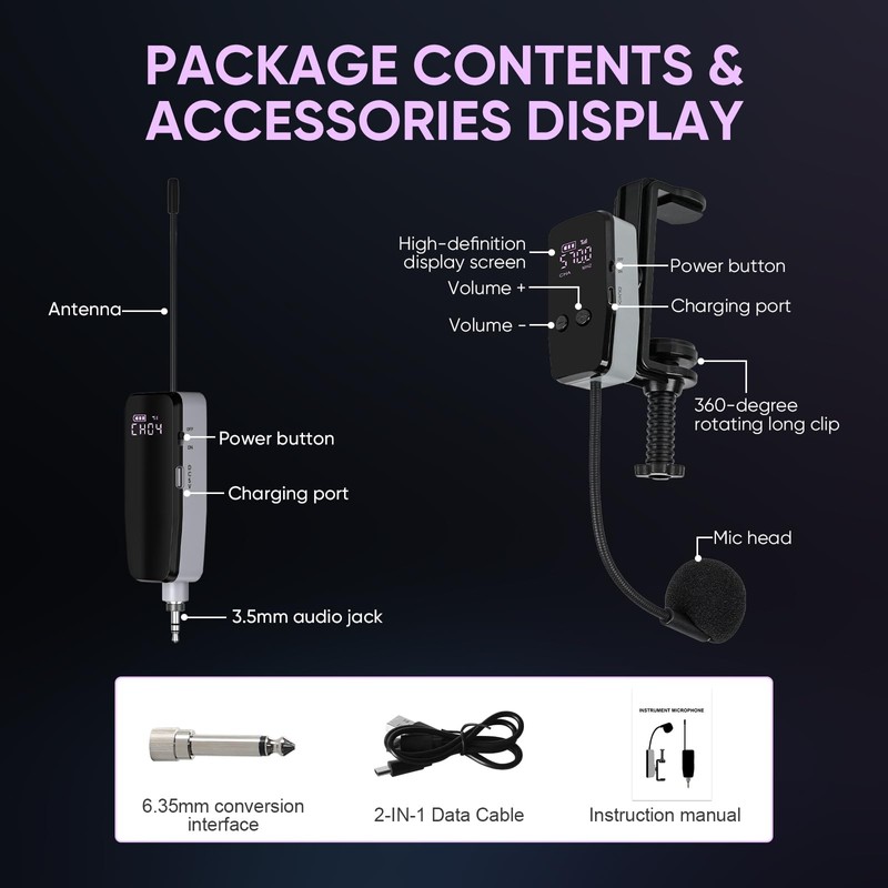 MICNAUX UHF Wireless Violin Microphone System, Rechargeable Clip-on Instrument Microphones