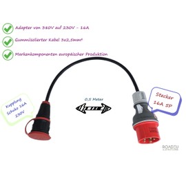 RoadEu CEE High Current Adapter, CEE Plug 16 A, 380 V to 220 V Adapter, 220 V Schuko Coupling, 3 x 2.5 mm Rubber Cable 0.5 Metre. Adapter 16 A to 230 V. Only European Components