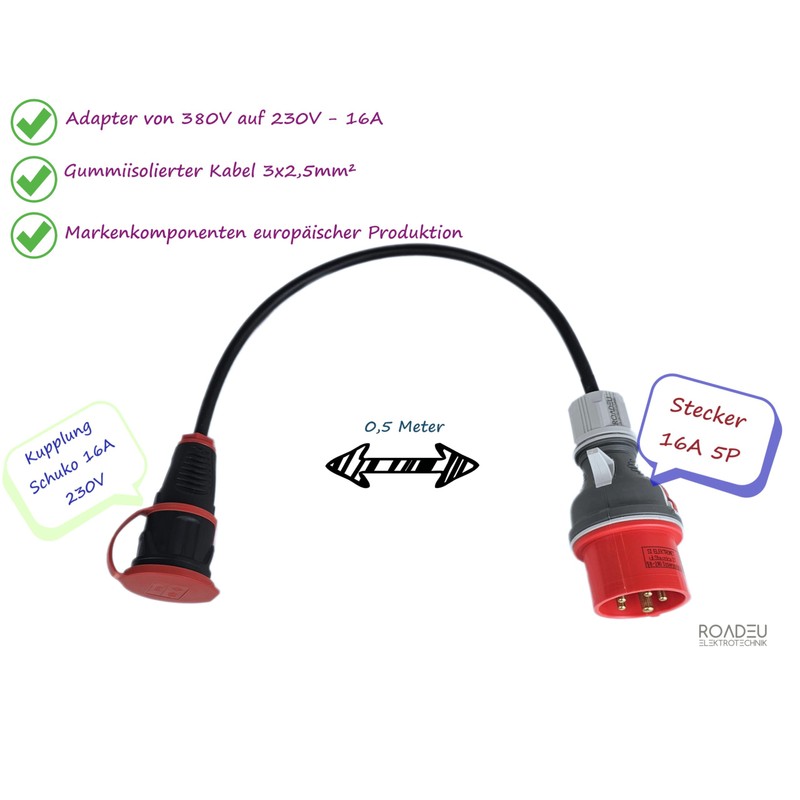 RoadEu CEE High Current Adapter, CEE Plug 16 A, 380