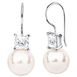 Nenalina Silver women's earrings with glass pearls 12 mm and zirconia 6 mm in caré cut, 925 sterling silver, wedding earrings for women, 222297-050, Sterling Silver, Cubic Zirconia