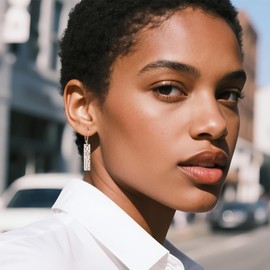 French Leverback Dangle Earrings for Women 14K Gold Silver Hammer Square Bar Long Drop Earring Hypoallergenic Lightweight Statement Trendy Jewelry (Silver)