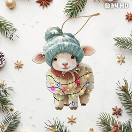34HD Wooden Lamb Ornament 2025 – Cute Sheep Christmas Tree Decoration with Hat & Lights, Baby Farm Animal for Kids, Winter Rustic Ornament for Tree Decor
