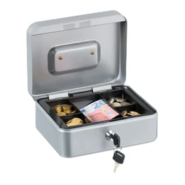 Relaxdays Lockable Cash Box, Removable Insert, 5 Compartments, Iron Money Box, H x W x D: 8.5 x 20 x 17 cm, Silver