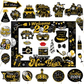 Qpout 2025 Happy New Years Photo Booth Props with Frame,Funny Disco New Years Eve Party Selfie Props for 2025 New Years Party Favor Supplies Decorations（31pcs）