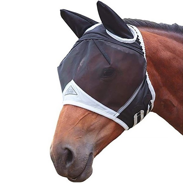 Masque anti-moustiques en maille fine avec oreilles pour cheval Noir et blanc Taille M