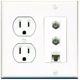 Wallplate City [ 2 GANG ] 15 Amp Round Power Outlet 2 Coax CAT5E Combination Wall Plate White
