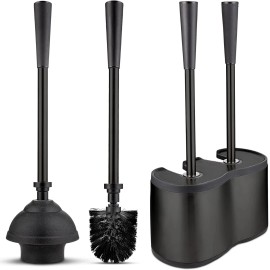 UMIEN Toilet Brush & Plunger Set - 18in Steel, No-Rust, Long Handles, Canister