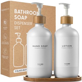 MaisoNovo Kitchen Soap Dispenser Set - Glass Soap Dispenser with Pump - White Bamboo White Pump 16.9 fl oz - Bathroom Soap Dispenser Set of 2 - Soap and Lotion Dispenser Set with Tray