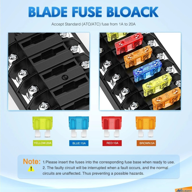 Nilight 12 Way Fuse Block with Negative Bus 12V Blade
