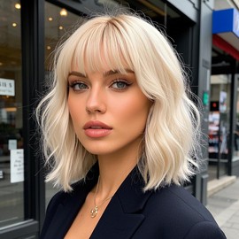 Amarlis Ombre Platinum Blonde Bob Wig with Bangs Loose Wavy Blonde Wig for Women Heat Resistant Synthetic Wigs for Daily Party Use 14 Inch