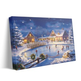 Christmas Ice Skating Rink Canvas Wall Art Decor - Festive Winter Scene with Cozy Cabins and Snowy Trees, 24X30 inch Ideal Decoration for Room, Rustic Farmhouse Decor Print, Ideal Seasonal Home Accent