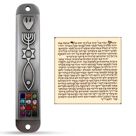 TALISMAN4U Set of 3 Pewter Mezuzah Case with Scroll for Door 3D Menorah Star of David Ten Commandments 12 Tribes of Israel Messianic Seal Jewish Mezuzah Set Judaica Gift 10 cm / 4 inch