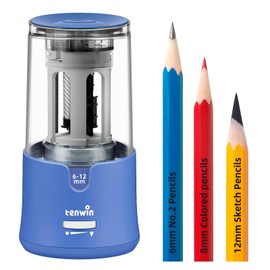 tenwin Electric Pencil Sharpener, Super Sharp Pencil Sharpener for Colored Pencils, Auto Stop, Fast Sharpen Pencil Sharpener Plug in for 6-12mm No.2/Colored/Sketch Pencils, for School, Office (Blue)