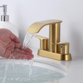 WOWOW Waterfall Bathroom Sink Faucet,Gold Two Handles Bathroom Faucet with Pop up Sink Drain Stopper, 2 or 3 Holes Bathroom Basin Lavatory Mixer Tap with Deck Mount Plate
