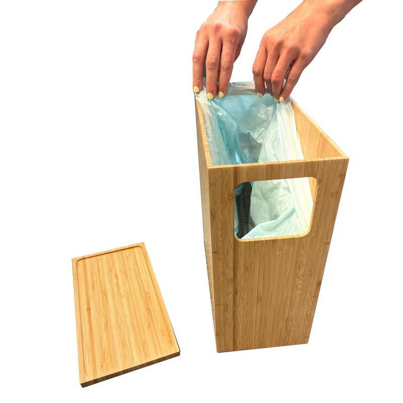 Bamboo Slim Trash Can with Lid, Waste Basket for Bathroom,