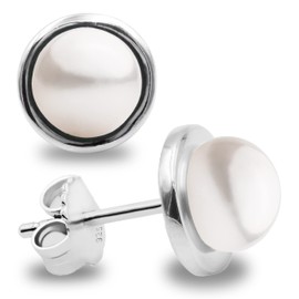 Women Pearl Stud Earrings, Fresh Water Cultured Pearls Button Shape 7-8 mm with a Silver Circle Mount by Secret & You | Sterling Silver 925 Mounts with big nuts.