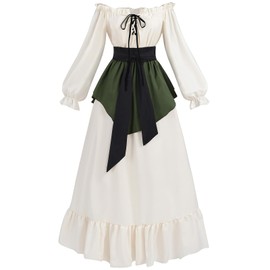 FCCAM Renaissance Faire Costume Off Shoulder Ruffle Cottagecore Victorian Dress with Pockets S