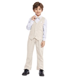 LOLANTA 4-teiliges Jungen Karierten Anzug Set, Jungen Festival Smoking, Weste, Hemd, Hose und Fliege im Set(Beige, 4-5 Jahre,Tag 110)