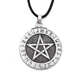 HAQUIL Pentagram Pentacle Necklace, Wiccan Runes Futhark Pentagram Pendant Necklace, Faux Leather Cord