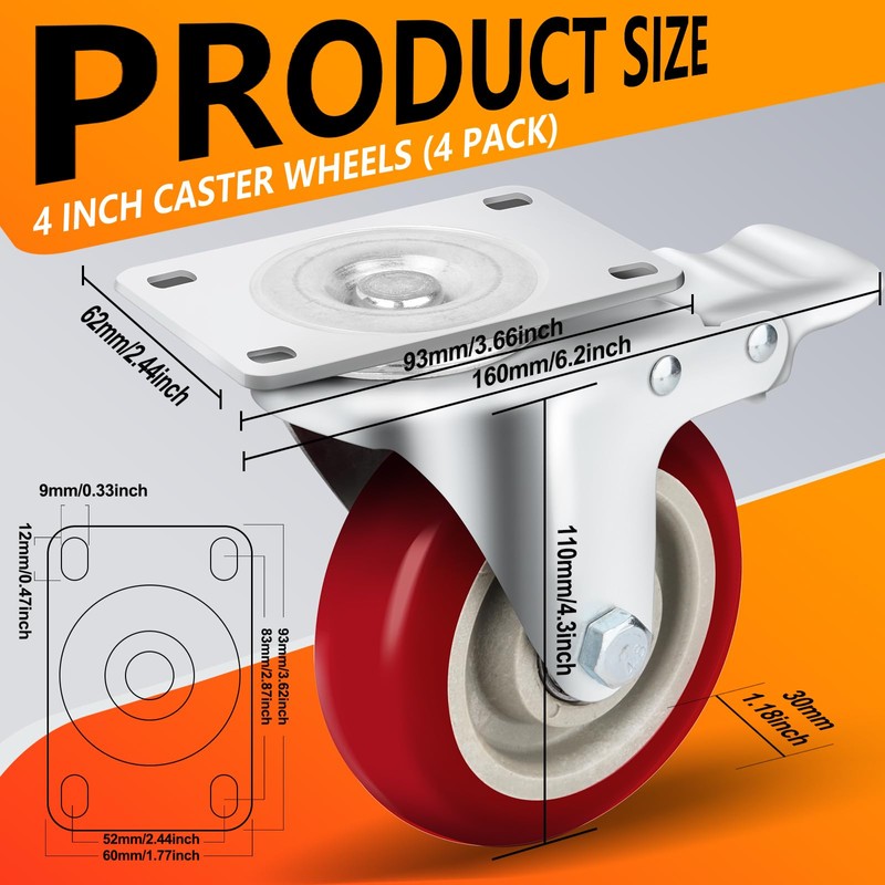 Caster Wheels 4 Inch, Heavy Duty Caster Set of 4,