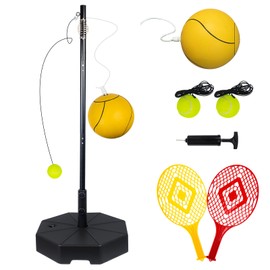 Tetherball Tennis&Tetherball Set with Sturdy Base,Tetherball Equipment for Backyard,with 9.83 Feet Adjustable Height Pole,2 Tennis Balls,2 Rackets,1 Tetherball with Rope,Fun Family Lawn Game (Black)