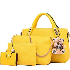 FiveloveTwo Women 4Pcs Top Handle Satchel Hobo PU Leather Handbag Set Large Tote + Purse + Shoulder Bag + Card Holder Yellow