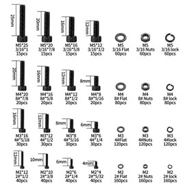 1680 Pcs M2 M3 M4 M5 Metric Hex Head Bolts and Nuts and Washers Set, Hex Socket Head Cap Screws Bolts and Nuts and Washers Assortment Kit, Black Machine Screws Set