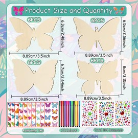 FZYESNO Butterfly Craft Sets for Children, 392 Butterfly Decoration, Children's Birthday Crafts, with 354 Rhinestones, 24 Wood, 12 Watercolour Pencils, 2 Stickers, Wooden Crafts Children for 4-12