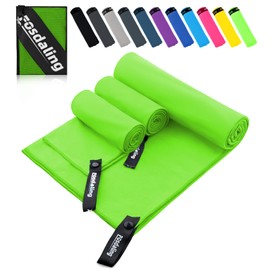 Fosdaling Microfibre Towel Set of 3 (Large 160 x 80 cm and 2 Small 80 x 40 cm), Quick-Drying Microfibre Fitness & Sports Towels, for Beach Towel, Bath Towel, Sports Towel and Travel Towel (Green)